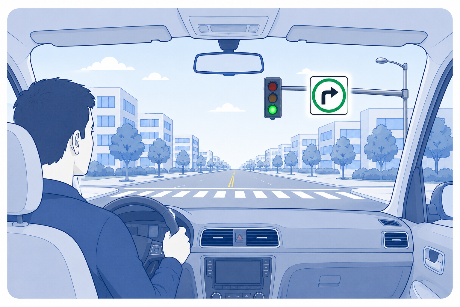 Driver sees a mandatory right-turn sign
